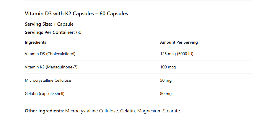 Vitamin D3 with K2 Capsules supplement facts